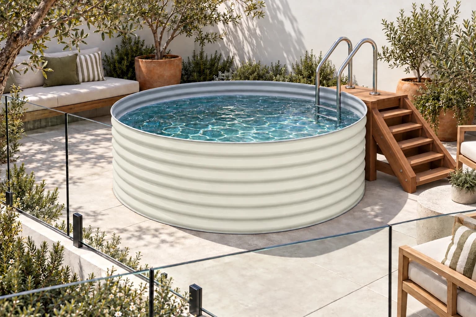 Above-ground courtyard pool showing the corrugated steel wall and integral rolled sheet-metal top edge