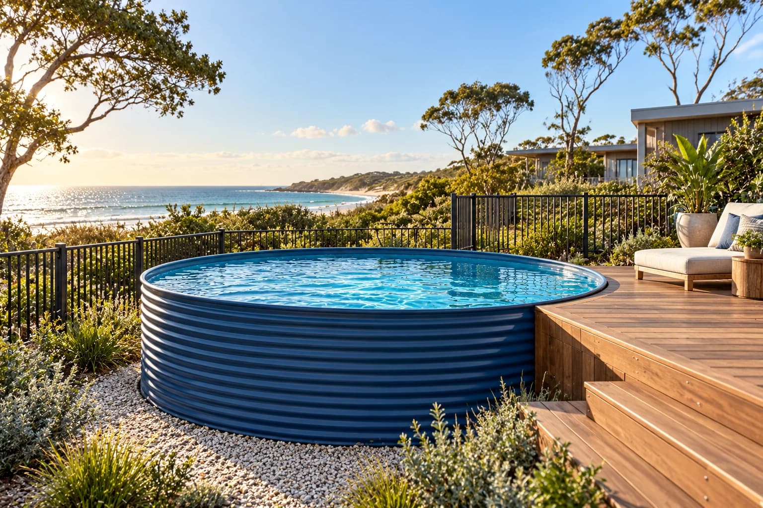 Deep ocean blue steel pool beside an independent deck in a coastal garden