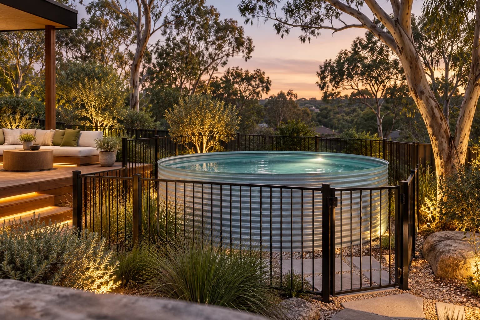 Round steel pool with a single underwater LED light in a gum-tree garden at dusk