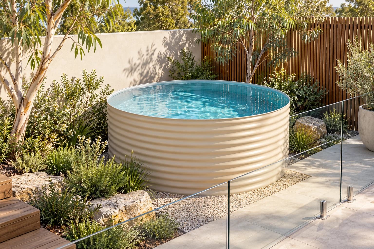 Paperbark-coloured compact pool in a sunny courtyard with native planting and glass barrier