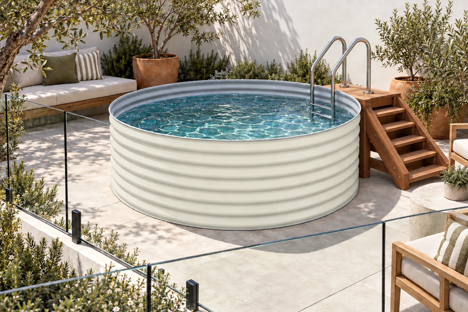 Compact round steel plunge pool in a Surfmist finish