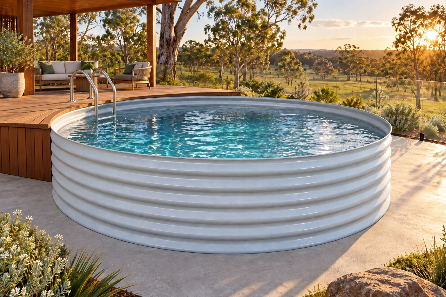 Round corrugated steel plunge pool beside an Australian garden and deck